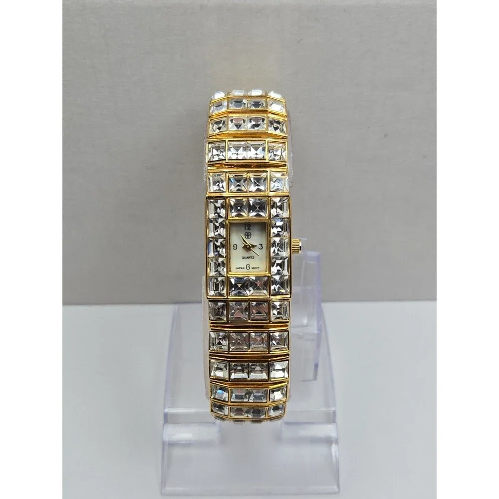 Vintage Suzanne Somers Gold Tone Rhinestone Bracelet Tank MOP Watch New Battery